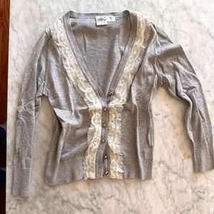 Meringue Grey and Lace V-Neck Cardigan, Size Small (S)